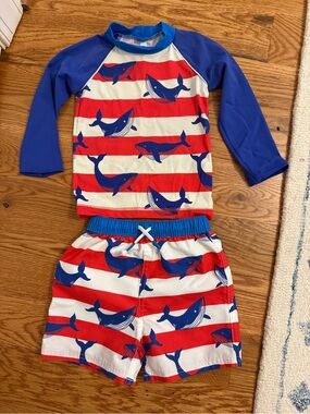 Mini Boden Sun Safe Rash Guard Set Whales Red White and Blue Size 2-3 Years
